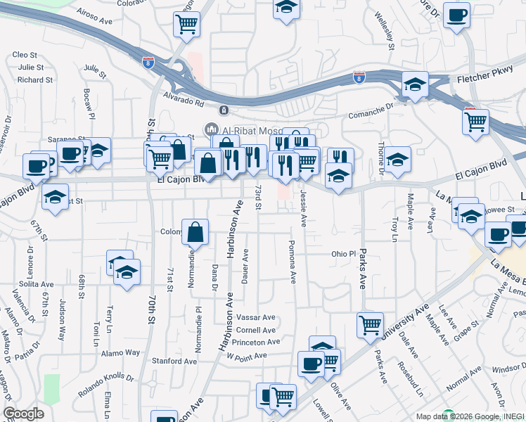 map of restaurants, bars, coffee shops, grocery stores, and more near 4876 73rd Street in La Mesa