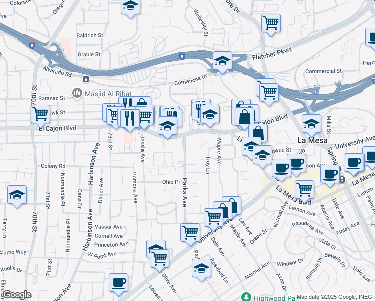 map of restaurants, bars, coffee shops, grocery stores, and more near 7589 El Cajon Boulevard in La Mesa
