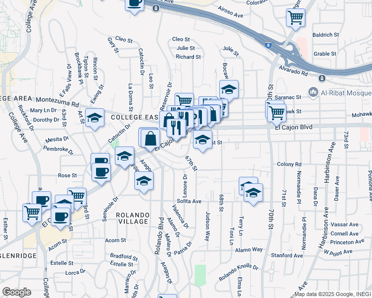 map of restaurants, bars, coffee shops, grocery stores, and more near 4906 1/2 67th Street in San Diego