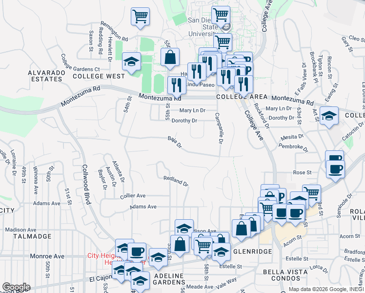 map of restaurants, bars, coffee shops, grocery stores, and more near 5562 Baja Drive in San Diego