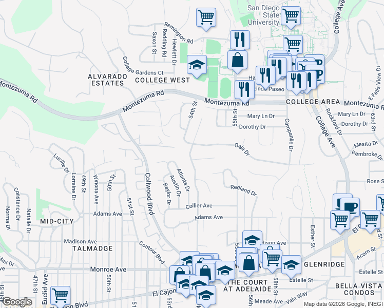 map of restaurants, bars, coffee shops, grocery stores, and more near 5407 Baja Drive in San Diego