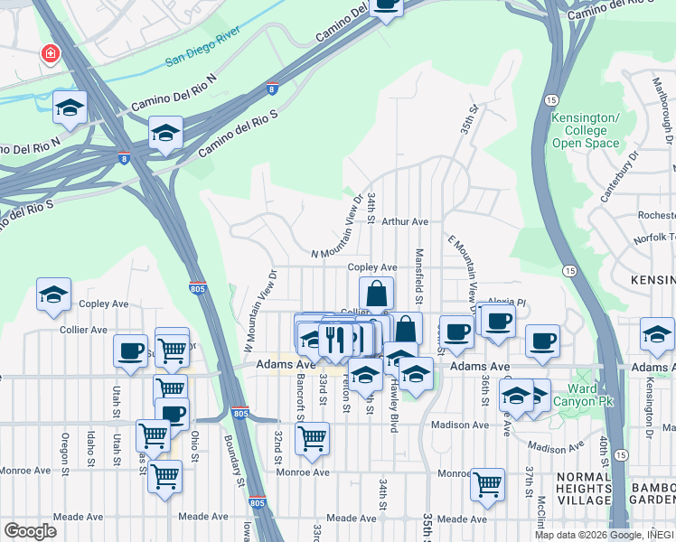 map of restaurants, bars, coffee shops, grocery stores, and more near 3362 Copley Avenue in San Diego