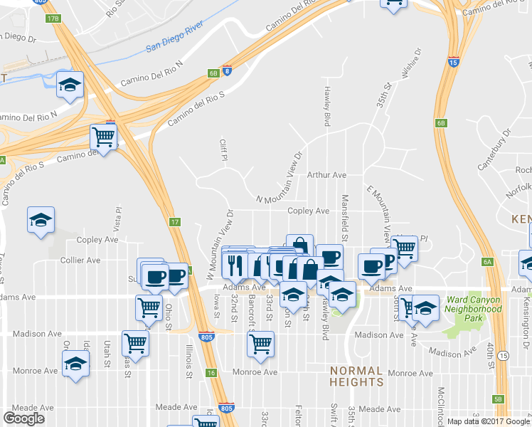 map of restaurants, bars, coffee shops, grocery stores, and more near in San Diego