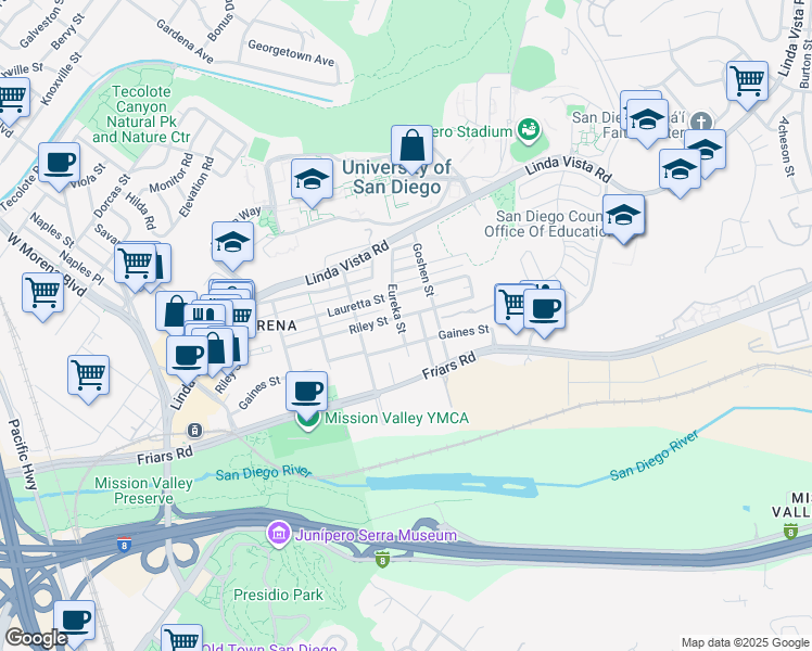 map of restaurants, bars, coffee shops, grocery stores, and more near 5772 Riley Street in San Diego