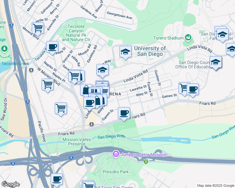 map of restaurants, bars, coffee shops, grocery stores, and more near in San Diego