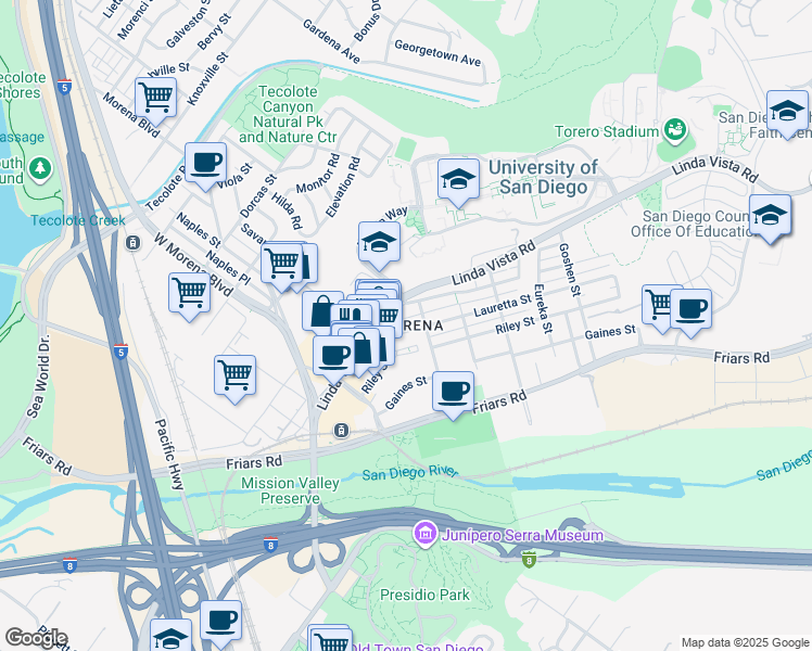 map of restaurants, bars, coffee shops, grocery stores, and more near 5411 Linda Vista Road in San Diego