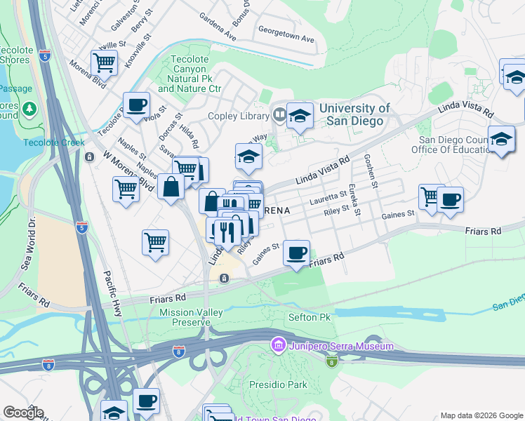 map of restaurants, bars, coffee shops, grocery stores, and more near 5411 Linda Vista Road in San Diego