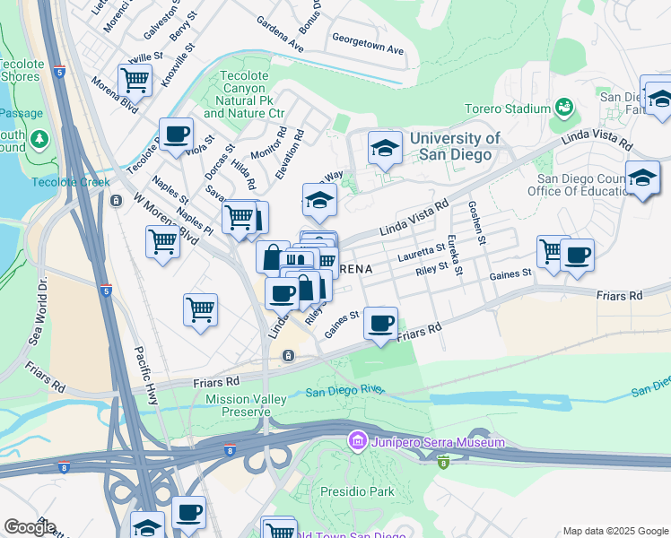 map of restaurants, bars, coffee shops, grocery stores, and more near 5411 Linda Vista Road in San Diego