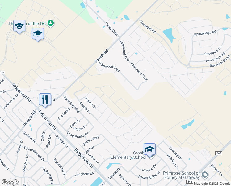 map of restaurants, bars, coffee shops, grocery stores, and more near 12462 Glenwood Trail in Forney