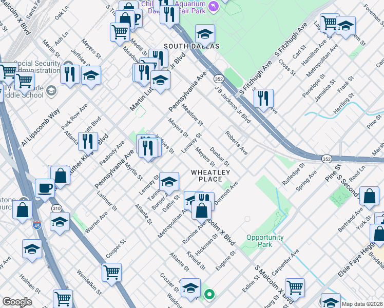 map of restaurants, bars, coffee shops, grocery stores, and more near 3509 Meyers Street in Dallas