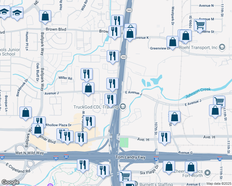 map of restaurants, bars, coffee shops, grocery stores, and more near 1201 North Watson Road in Arlington