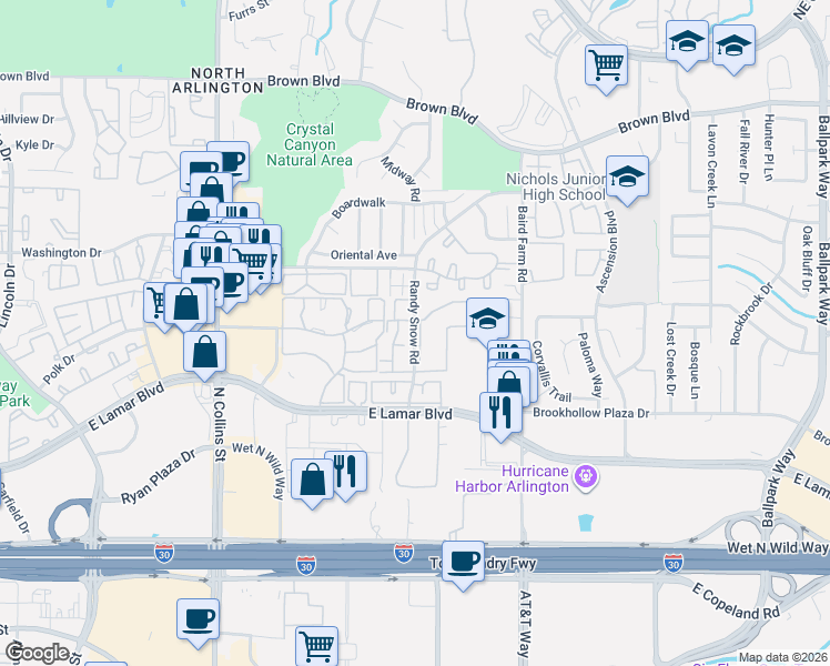 map of restaurants, bars, coffee shops, grocery stores, and more near 1505 Harwell Drive in Arlington