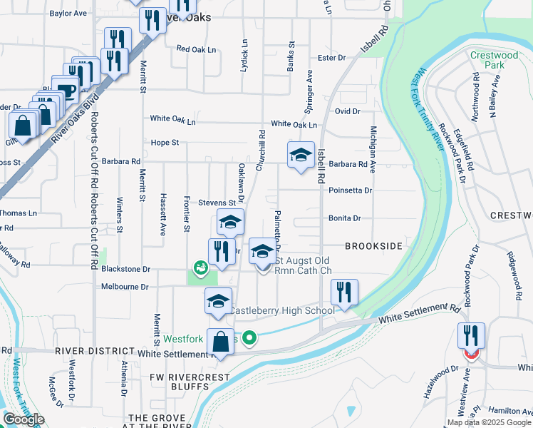map of restaurants, bars, coffee shops, grocery stores, and more near 511 Palmetto Drive in Fort Worth