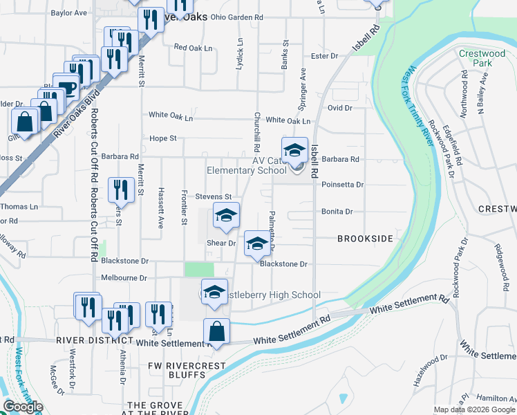 map of restaurants, bars, coffee shops, grocery stores, and more near 511 Palmetto Drive in Fort Worth