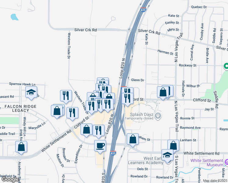 map of restaurants, bars, coffee shops, grocery stores, and more near 515 West Loop 820 South in Fort Worth