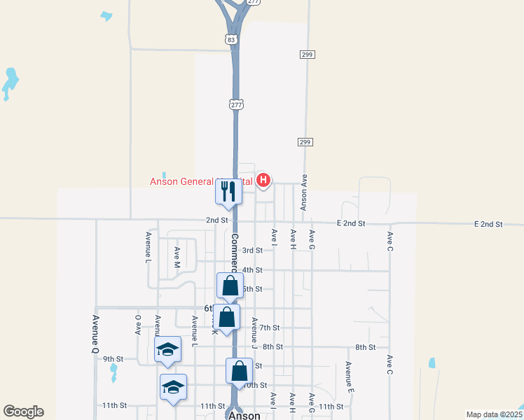 map of restaurants, bars, coffee shops, grocery stores, and more near 108 Avenue J in Anson