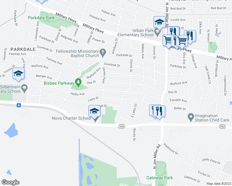 map of restaurants, bars, coffee shops, grocery stores, and more near 6540 Hollis Avenue in Dallas