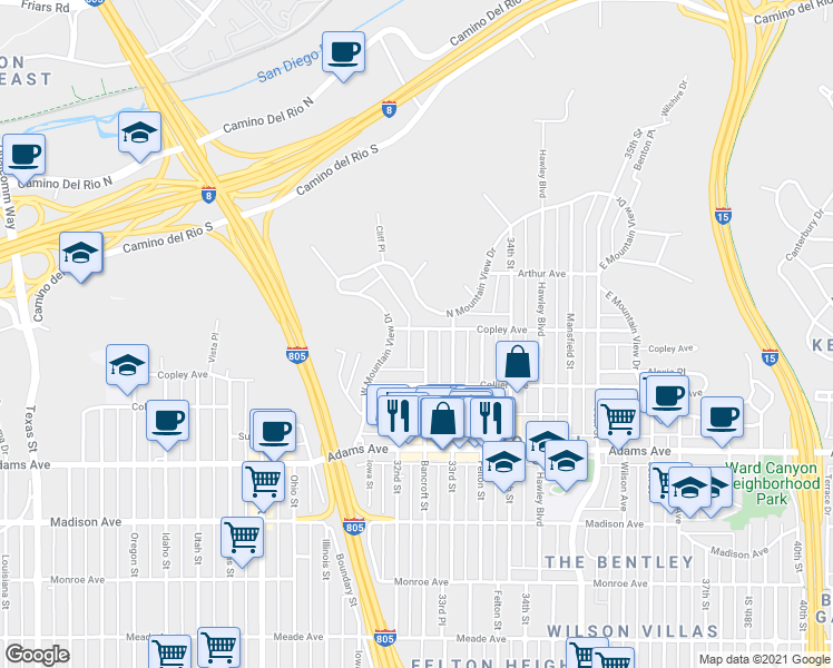 map of restaurants, bars, coffee shops, grocery stores, and more near 3233 Copley Avenue in San Diego
