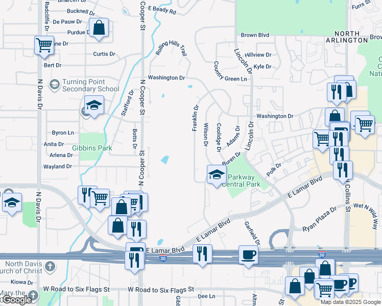 map of restaurants, bars, coffee shops, grocery stores, and more near 2110 Franklin Drive in Arlington