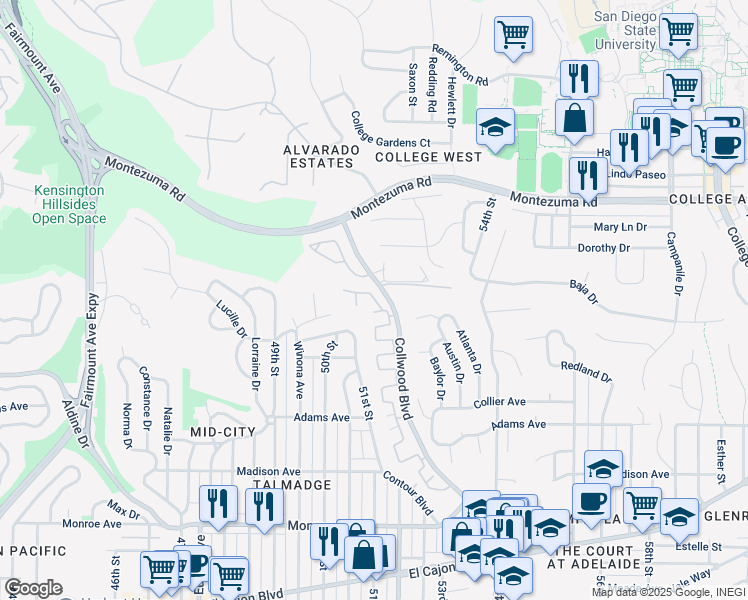 map of restaurants, bars, coffee shops, grocery stores, and more near 4611 Collwood Lane in San Diego