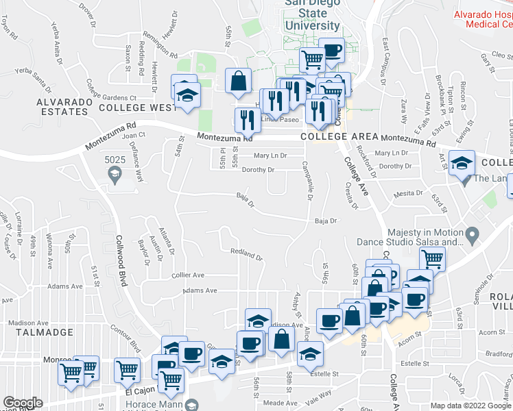 map of restaurants, bars, coffee shops, grocery stores, and more near 5582 Baja Drive in San Diego
