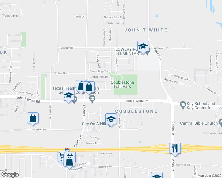 map of restaurants, bars, coffee shops, grocery stores, and more near Arbor Hill Dr & Bentree Dr in Fort Worth