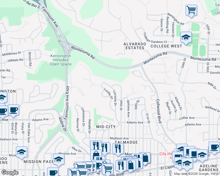 map of restaurants, bars, coffee shops, grocery stores, and more near 4906 Lorraine Drive in San Diego