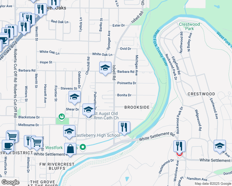 map of restaurants, bars, coffee shops, grocery stores, and more near 510 Isbell Road in Fort Worth