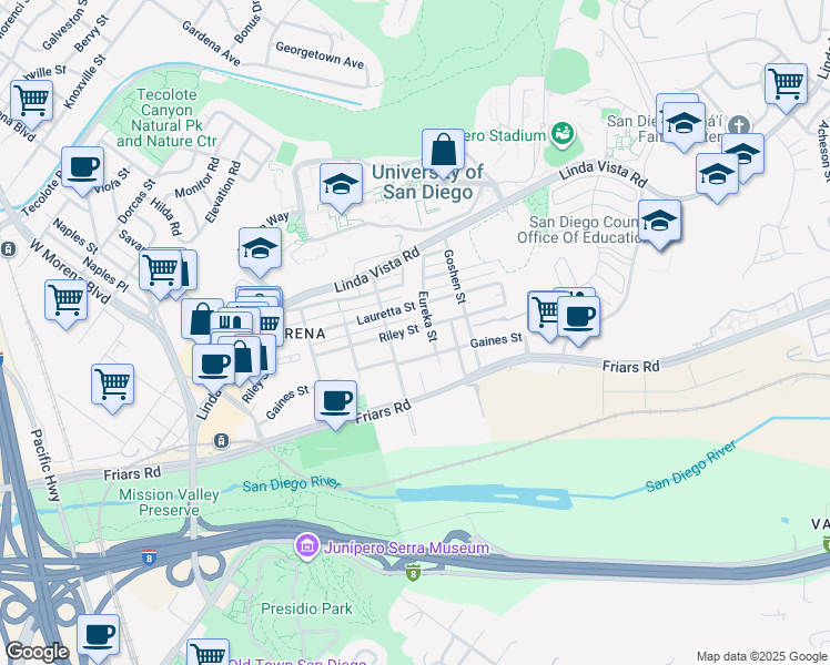 map of restaurants, bars, coffee shops, grocery stores, and more near 5763 Riley Street in San Diego