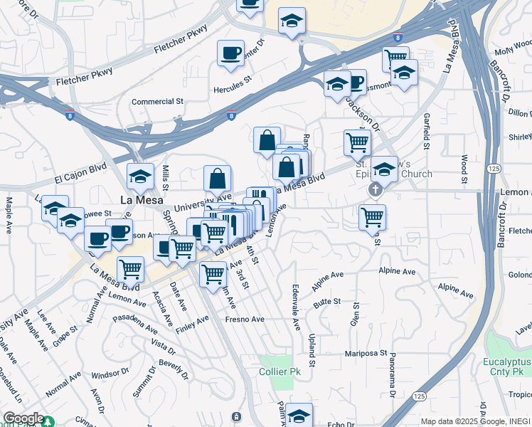 map of restaurants, bars, coffee shops, grocery stores, and more near 8437 La Mesa Boulevard in La Mesa