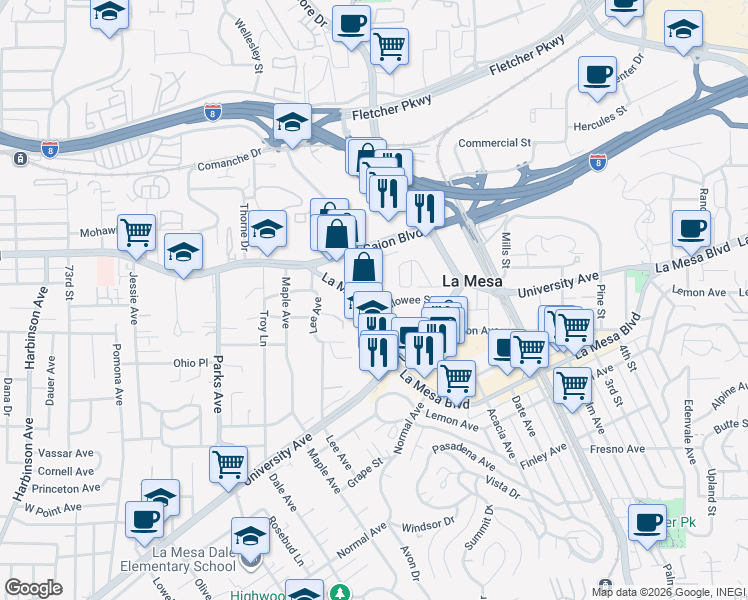 map of restaurants, bars, coffee shops, grocery stores, and more near 4870 Clearview Way in La Mesa