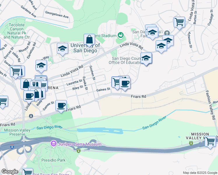map of restaurants, bars, coffee shops, grocery stores, and more near 6028 Gaines Street in San Diego