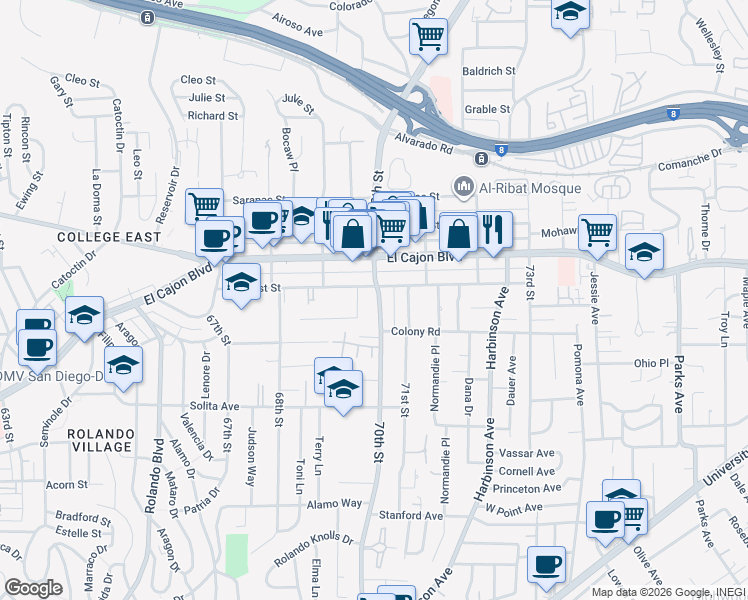 map of restaurants, bars, coffee shops, grocery stores, and more near 4881 70th Street in San Diego