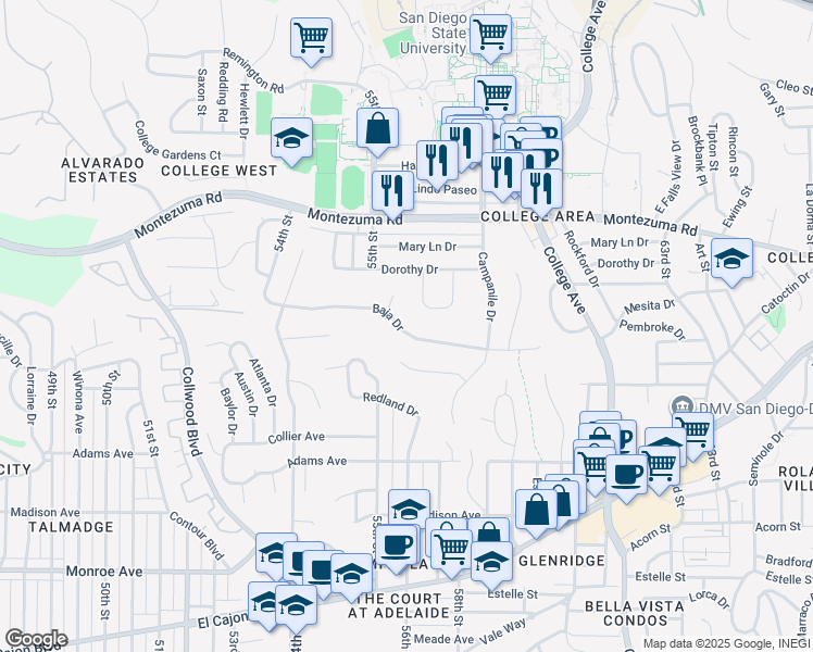 map of restaurants, bars, coffee shops, grocery stores, and more near 5562 Baja Drive in San Diego