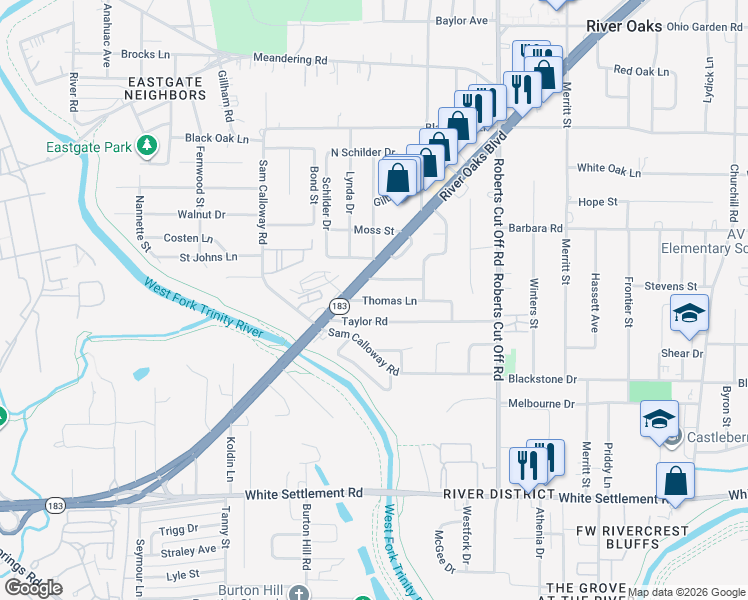 map of restaurants, bars, coffee shops, grocery stores, and more near 5600 Thomas Ln in River Oaks