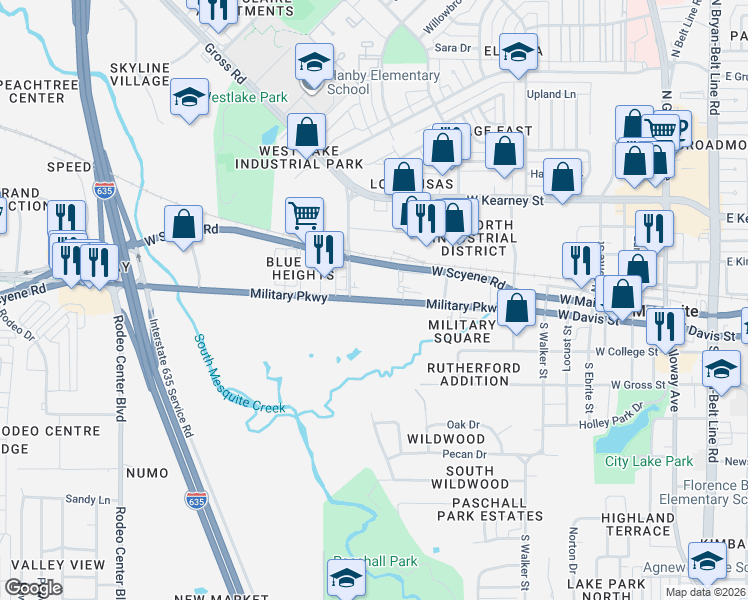 map of restaurants, bars, coffee shops, grocery stores, and more near 1035 Military Parkway in Mesquite