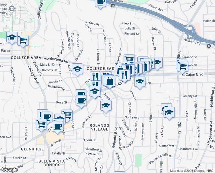map of restaurants, bars, coffee shops, grocery stores, and more near 6556 El Cajon Boulevard in San Diego