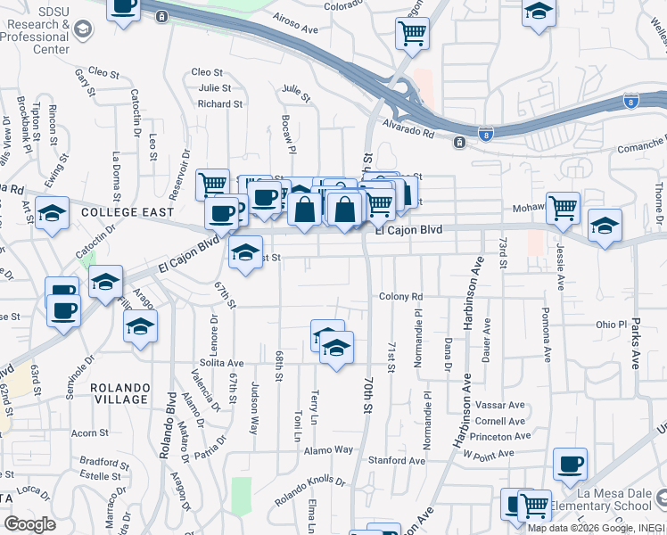 map of restaurants, bars, coffee shops, grocery stores, and more near in San Diego