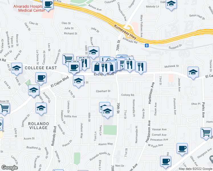 map of restaurants, bars, coffee shops, grocery stores, and more near 6951 Amherst Street in San Diego