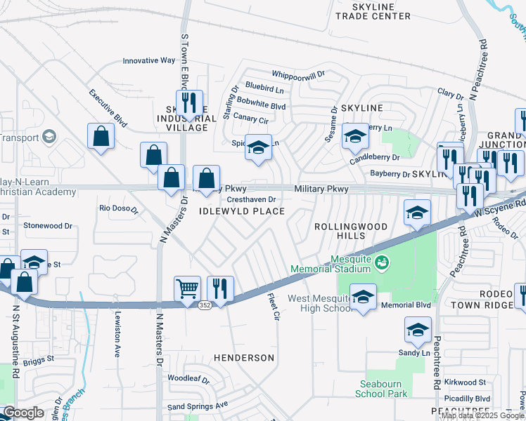map of restaurants, bars, coffee shops, grocery stores, and more near 2729 Cresthaven Drive in Mesquite