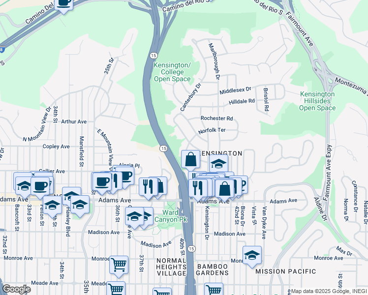 map of restaurants, bars, coffee shops, grocery stores, and more near 4866 Sussex Drive in San Diego