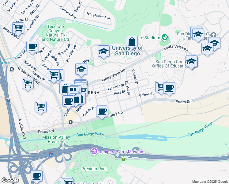 map of restaurants, bars, coffee shops, grocery stores, and more near 5672 Riley Street in San Diego