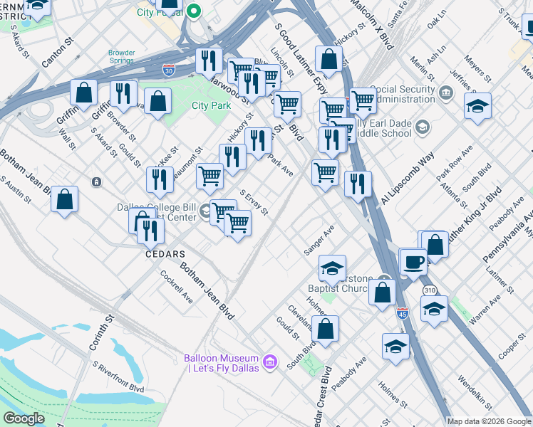 map of restaurants, bars, coffee shops, grocery stores, and more near 2300 South Ervay Street in Dallas