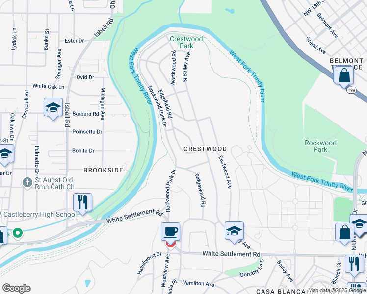 map of restaurants, bars, coffee shops, grocery stores, and more near 605 Westwood Avenue in Fort Worth