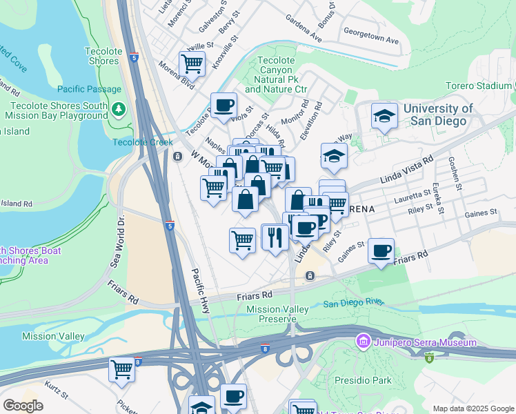 map of restaurants, bars, coffee shops, grocery stores, and more near 1022 West Morena Boulevard in San Diego