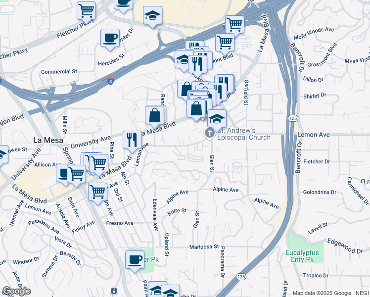 map of restaurants, bars, coffee shops, grocery stores, and more near 8677 Lemon Avenue in La Mesa