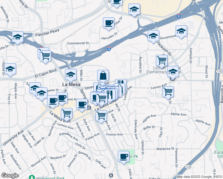 map of restaurants, bars, coffee shops, grocery stores, and more near 8319 University Avenue in La Mesa