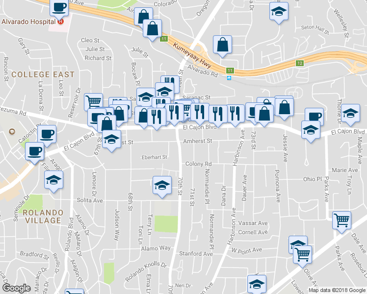 map of restaurants, bars, coffee shops, grocery stores, and more near 4881 70th Street in San Diego