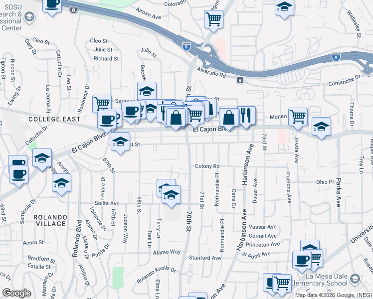 map of restaurants, bars, coffee shops, grocery stores, and more near 4881 70th Street in San Diego