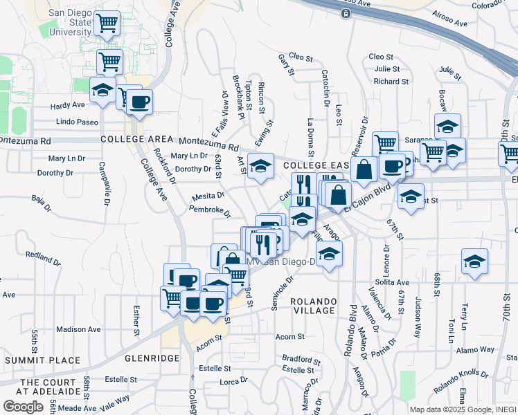 map of restaurants, bars, coffee shops, grocery stores, and more near 500 64th Street in San Diego